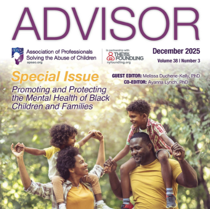 Image is of the APSAC Advisor Issue 38.3 Special Issue on Black Mental Health cover featuring a Black family of 4